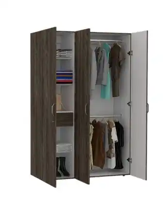 Flamingo Closet iris, chocolate y blanco, con tres puertas abatibles con cerradura y variedad de entrepaños oferta