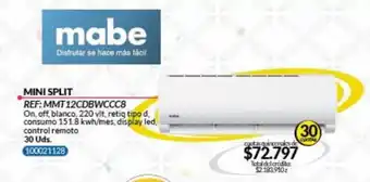 mabe MINI SPLIT REF: MMT 12CDBWCCC8 • 30 cuotas