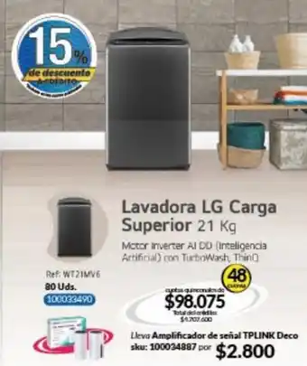 Hogar y Moda Lavadora LG Carga Superior 21kg • 48 cuotas oferta