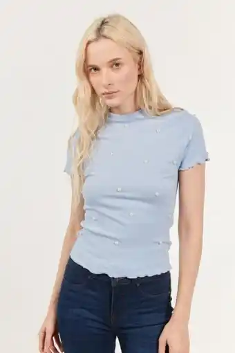 Camiseta unicolor manga corta con perlas decorativas en frente
