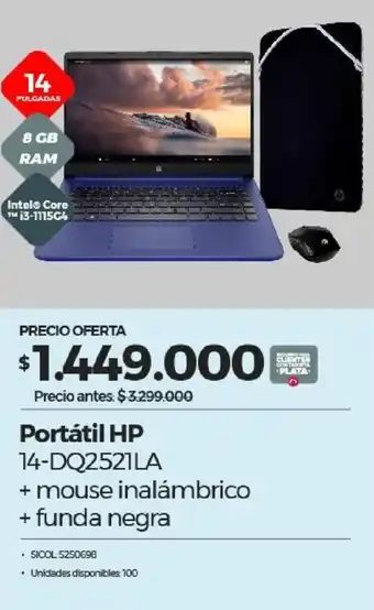 Olímpica Portátil HP 14-DQ2521LA + mouse inalámbrico + funda negra oferta