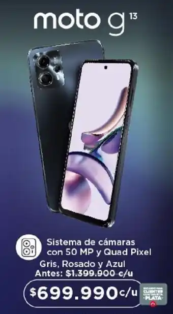 Olímpica moto g13 Sistema de cámaras con 50 MP y Quad Pixel Gris, Rosado y Azul oferta
