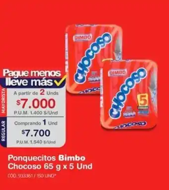 Makro Ponquecitos Bimbo Chocoso 65 g x 5 Und oferta