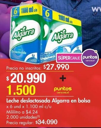 Metro Leche deslactosada algarra en bolsa x 6 und x 1.100 ml c/u oferta