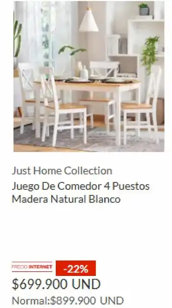 Homecenter Just Home Collection Juego De Comedor 4 Puestos Madera Natural Blanco oferta