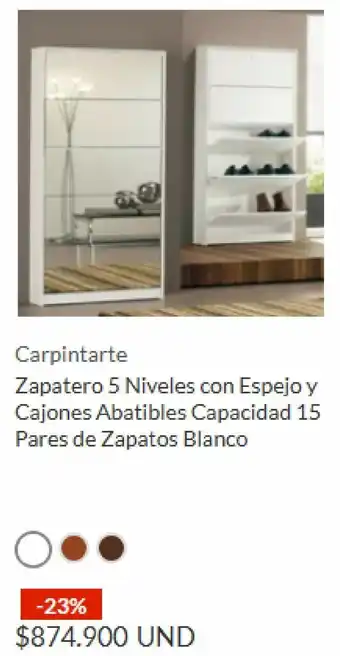 Homecenter Carpintarte Zapatero 5 Niveles con Espejo y Cajones Abatibles Capacidad 15 Pares de Zapatos Blanco oferta