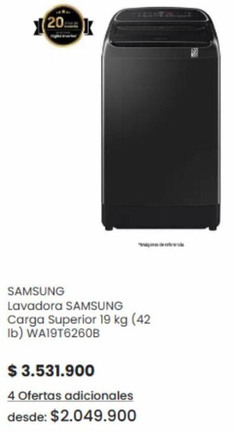 Éxito SAMSUNG Lavadora SAMSUNG Carga Superior 19 kg (42 lb) WA19T6260B oferta