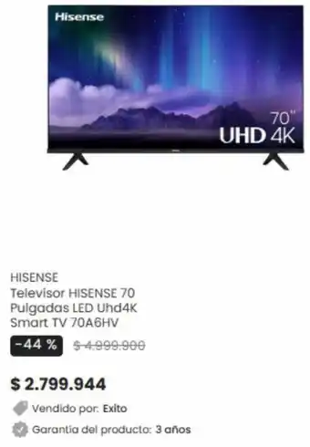 Éxito Hisense Televisor HISENSE 70 Pulgadas LED Uhd4K Smart TV 70A6HV oferta