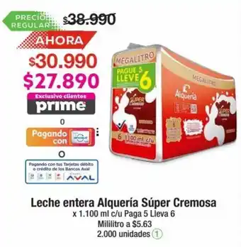Jumbo Leche entera Alquería Súper Cremosa x 1.100 ml c/u Paga 5 Lieva 6 oferta