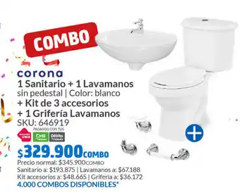 Homecenter corona 1 Sanitario + 1 Lavamanos sin pedestal | Color: blanco + Kit de 3 accesorios + 1 Grifería Lavamanos SKU: 646919 oferta