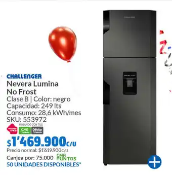 Homecenter CHALLENGER Nevera Lumina No Frost Clase B Color: negro Capacidad: 249 Its Consumo: 28,6 kWh/mes SKU: 553972 oferta