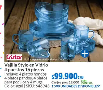 Homecenter Cristar Vajilla Stylo en Vidrio 4 puestos 16 piezas oferta