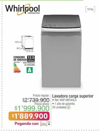 Jumbo Lavadora carga superior whirlpool oferta