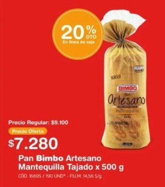 Pan Bimbo Artesano Mantequilla Tajado x 500 g