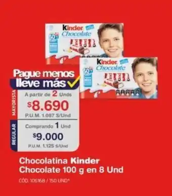 Makro Chocolatina Kinder Chocolate 100 g en 8 Und oferta