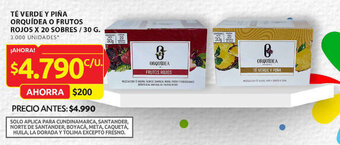 Ara TÉ VERDE Y PIÑA ORQUÍDEA O FRUTOS ROJOS X 20 SOBRES / 30 G. oferta