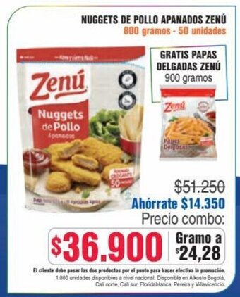 Alkosto NUGGETS DE POLLO APANADOS ZENÚ 800 gramos-50 unidades oferta