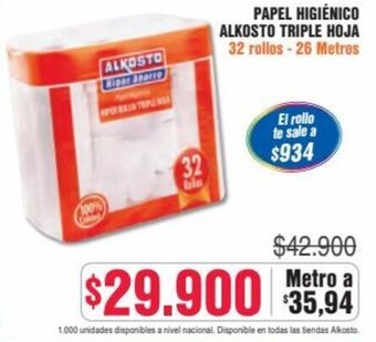 Alkosto PAPEL HIGIÉNICO ALKOSTO TRIPLE HOJA 32 rollos - 26 Metros oferta