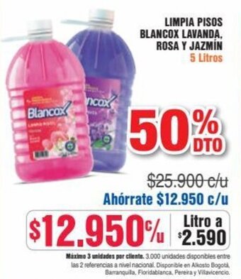 Alkosto LIMPIA PISOS BLANCOX LAVANDA, ROSA Y JAZMIN 5 Litros oferta