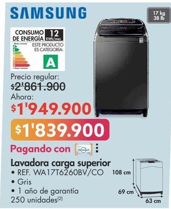 Metro Samsung lavadora carga superior • ref. wa17t6260bv/co oferta