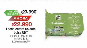 Jumbo Leche entera colanta bolsa uht x 6 und x 1.000 ml c/u oferta