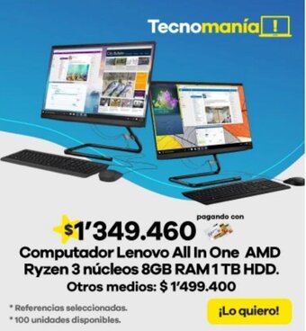 Éxito Computador Lenovo All In One AMD Ryzen 3 núcleos 8GB RAM 1 TB HDD. oferta