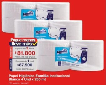 Makro Papel Higiénico Familia Institucional Blanco 3x4 Und x 250 mt oferta