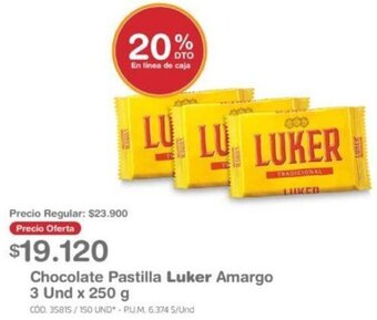 Chocolate Pastilla Luker Amargo 3 Und x 250 g