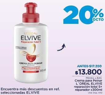 FarmaTodo Crema para Peinar L'OREAL ELVIVE reparación total 5+ reparador x300ml oferta