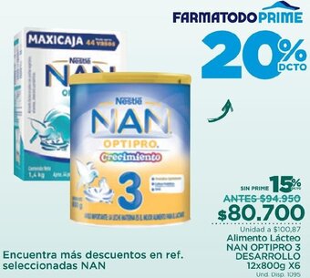 FarmaTodo Alimento Lácteo NAN OPTIPRO 3 DESARROLLO 12x800g X6 Und. oferta