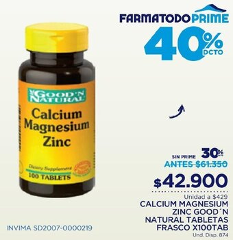 FarmaTodo Calcium Magnesium Zinc Good'n Natural Tabletas Frasco x 100 TAB oferta