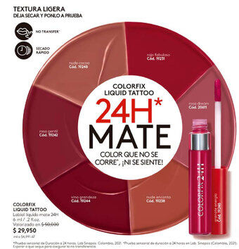 Ésika COLORFIX LIQUID TATTOO Labial liquido mate 24H 6 ml/ .2 fl.oz. oferta