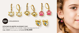 Ésika ESTUCHE DE ARETES X4 DOGGY CHIC Baño de oro de 24 k, con cristales. Arete más largo de 2.4 cm. Cód. 35159 oferta