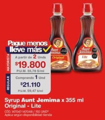 Makro Syrup Aunt Jemima 2unids  x 355 ml Original - Lite oferta