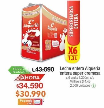 Jumbo Leche entera alquería entera super cremosa x 6un x 1300ml oferta