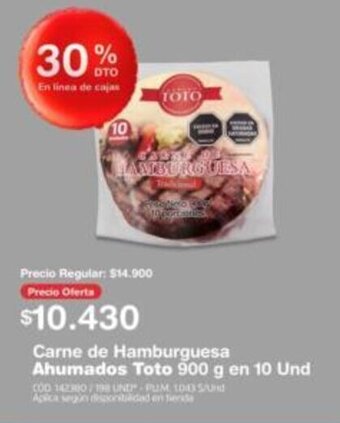 Makro TOTO Carne de Hamburguesa Ahumados 900 g en 10 Und oferta