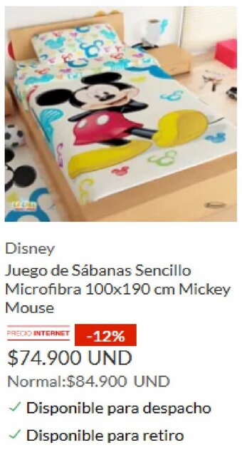 Homecenter Disney Juego de Sábanas Sencillo Microfibra 100x190 cm Mickey Mouse oferta