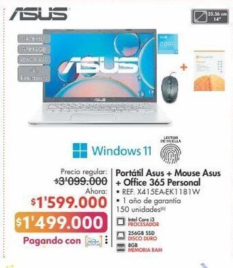 Metro Portátil asus + mouse asus + office 365 personal • ref. x415ea-ek1181w oferta