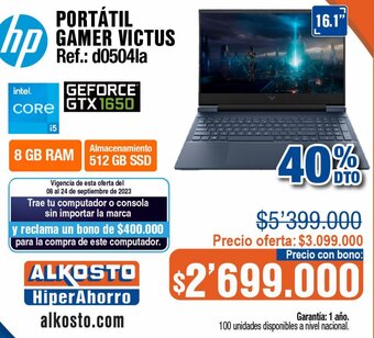 Alkosto HP PORTÁTIL GAMER VICTUS 16.1" oferta