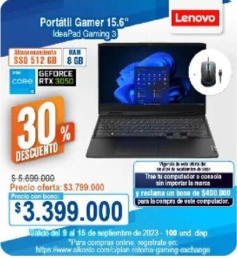 Alkosto Lenovo Portátil Gamer 15.6" oferta