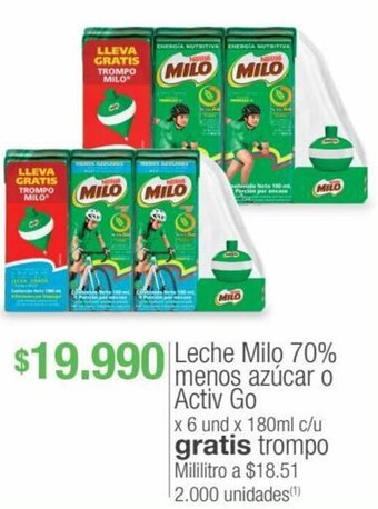 Jumbo Leche Milo 70% menos azúcar o Activ Go x 6 und x 180ml oferta