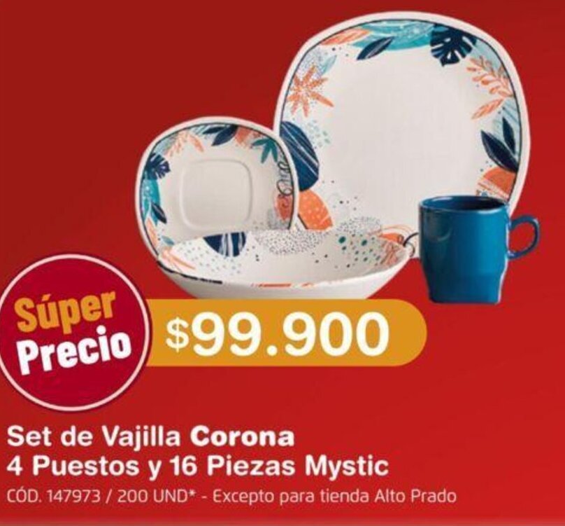 Oferta Set de Vajilla Corona 4 Puestos y 16 Piezas Mystic en Makro