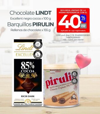 Olímpica Chocolate LINDT Excellent negro cocoa x 100 g Barquillos PIRULIN Rellenos de chocolate x 155 g oferta