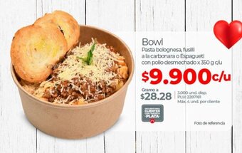 Olímpica Bowl Pasta bolognesa, fusilli a la carbonara o Espagueti con pollo desmechado x 350 g c/u oferta