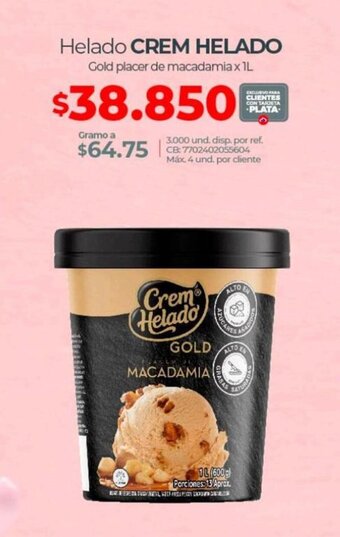 Olímpica Helado CREM HELADO Gold placer de macadamia x 1L oferta