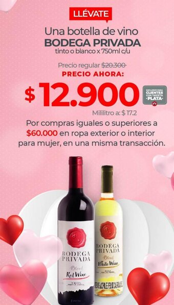 Olímpica Una botella de vino BODEGA PRIVADA tinto o blanco x 750ml c/u oferta