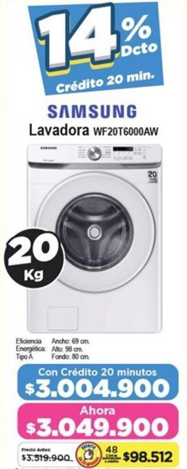 Alkomprar SAMSUNG Lavadora WF20T6000AW 20kg oferta