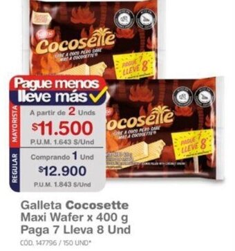 Makro Galleta Cocosette Maxi Wafer x 400 g Paga 7 Lleva 8 Und oferta