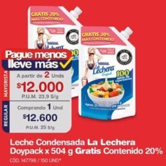 Makro Leche Condensada La Lechera Doypack x 504 g Gratis Contenido 20% oferta