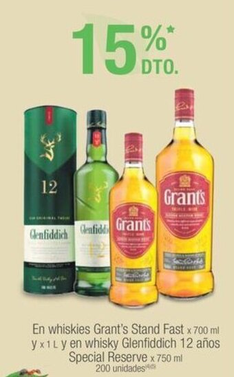 Jumbo Whiskies Grant's Stand Fast x 700 ml y x 1L y en whisky Glenfiddich 12 años Special Reserve x 750 ml oferta